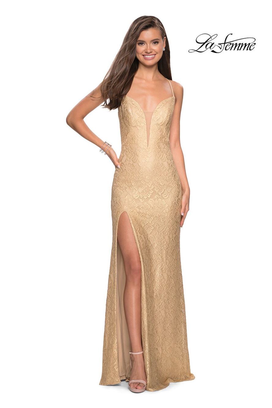 NWT La Femme Gold Patterned Dress Deep V-neck Open Back Slit Skirt Size 0